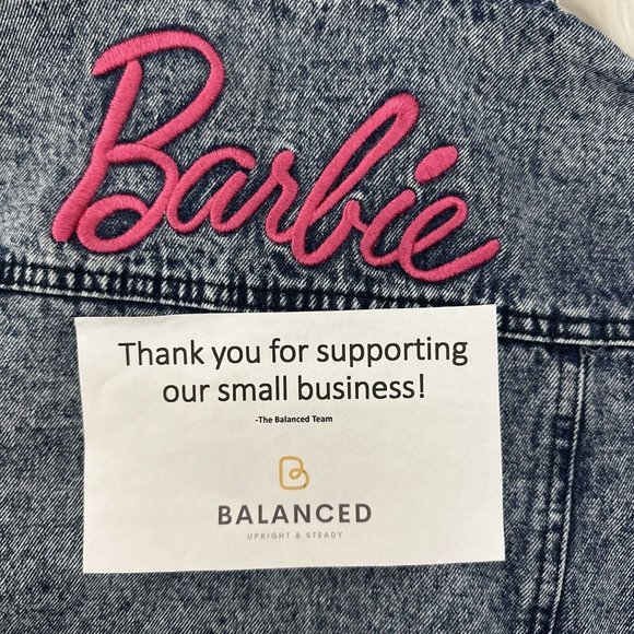 Barbie Girls Denim Jean Jacket M 100% Cotton Front Back Logo Light Wash - Picture 13 of 13